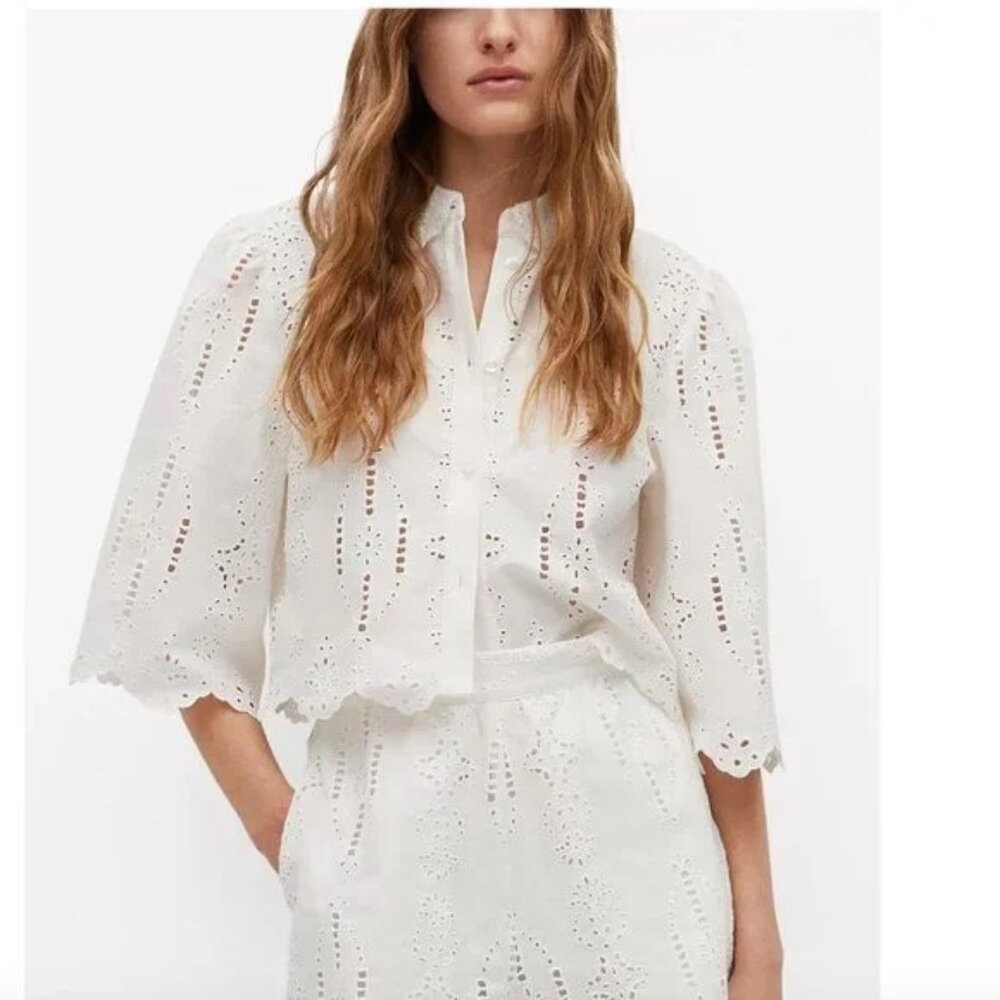 MNG Mango Swiss Embroidery Linen Blouse 2